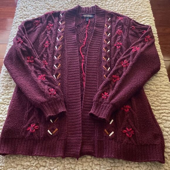 Shyanne Maroon Long Sleeve Cotton Blend Embroidered Open Knit Cardigan Size M - Picture 4 of 10